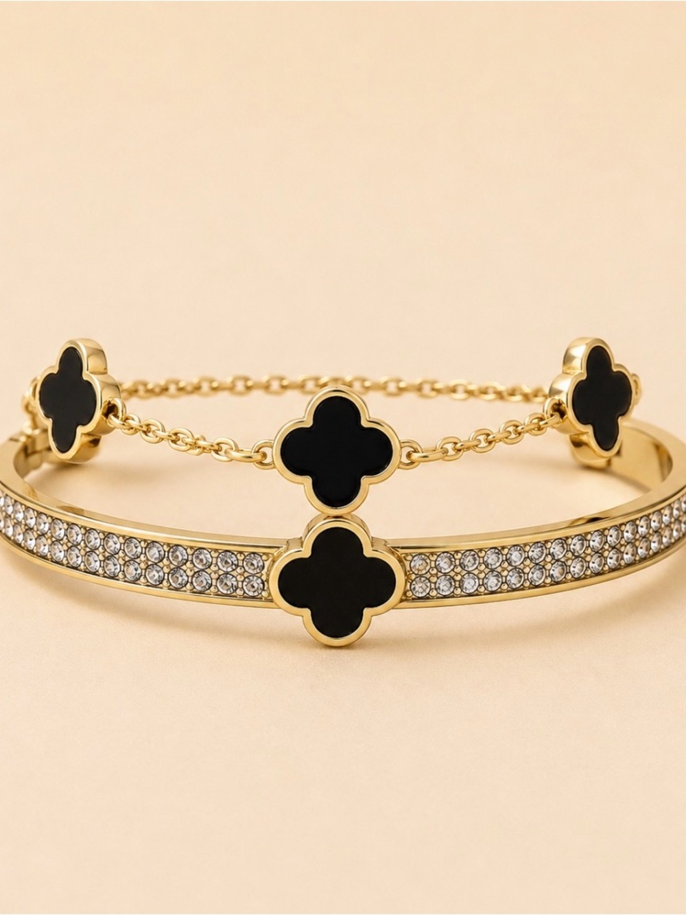 Gold and Black Clover Pave Bangle Set - Women Jewelry